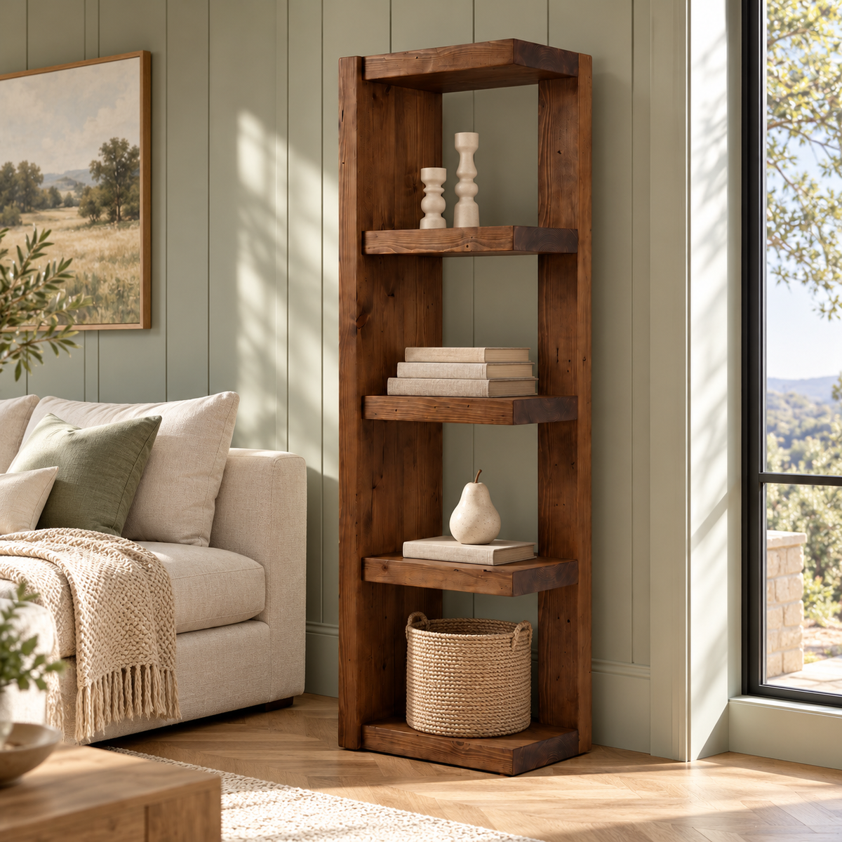 Ely Walnut Colour Solid Wood Corner Bookshelf – Open Bookcase, Rustic Scandinavian Design