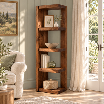 Ely Walnut Colour Solid Wood Corner Bookshelf – Open Bookcase, Rustic Scandinavian Design