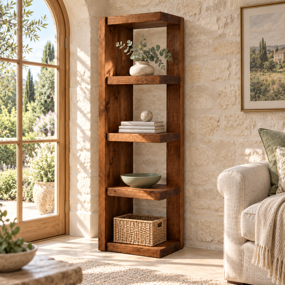 Ely Walnut Colour Solid Wood Corner Bookshelf – Open Bookcase, Rustic Scandinavian Design
