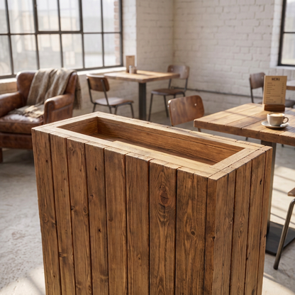 Planter Box Solid Wood Slatted Walnut Colour  / Tall Indoor Plant Divider For Cafe and Restaurants
