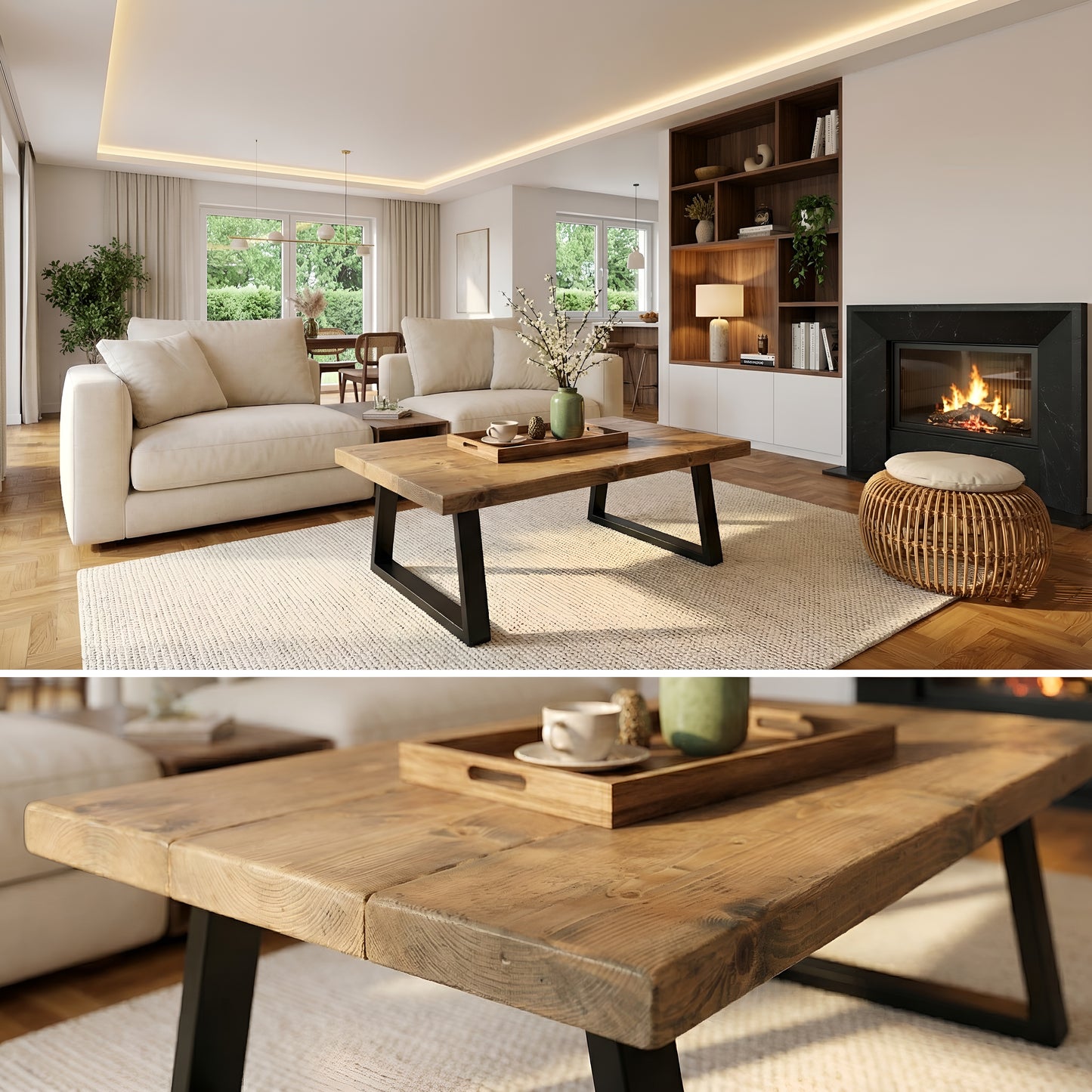 FENA Straight Edge Coffee Table With Metal Trapezium Legs