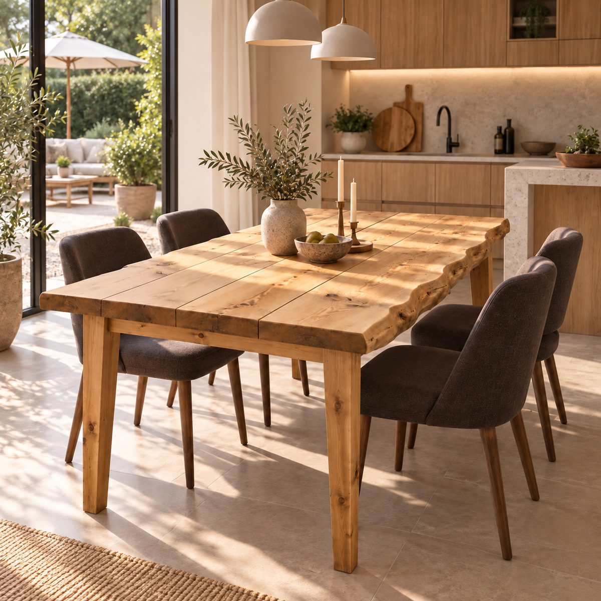 FERRO Light Oak Colour Waney / Live Edge Solid Wood Dining Table With Wooden Legs