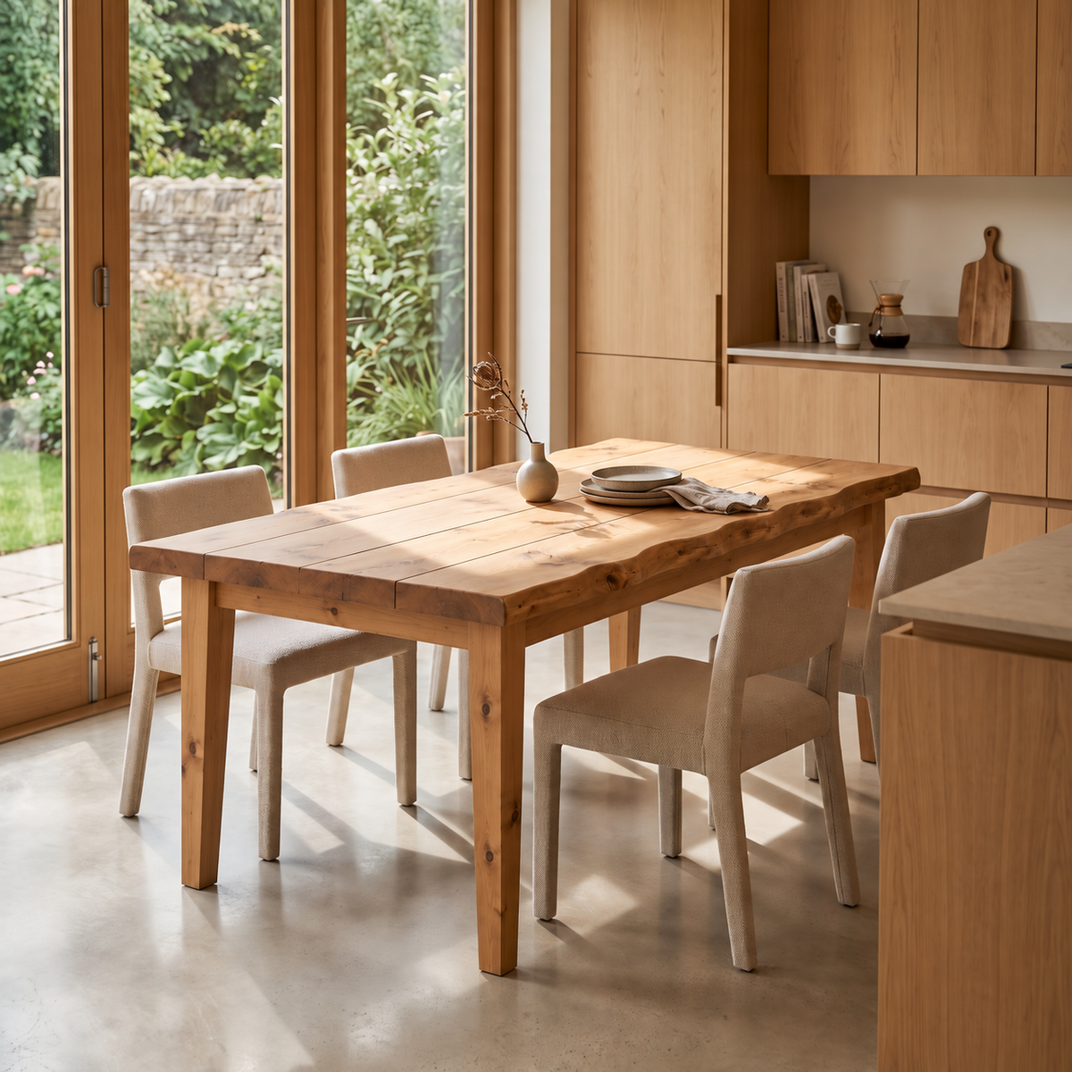 FERRO Light Oak Colour Waney / Live Edge Solid Wood Dining Table With Wooden Legs