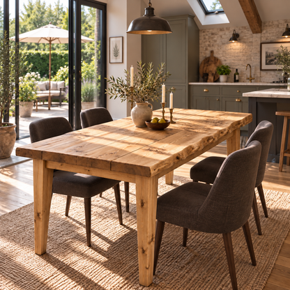 FERRO Light Oak Colour Waney / Live Edge Solid Wood Dining Table With Wooden Legs