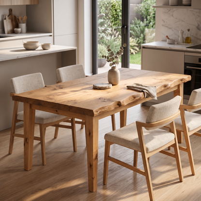 FERRO Light Oak Colour Waney / Live Edge Solid Wood Dining Table With Wooden Legs