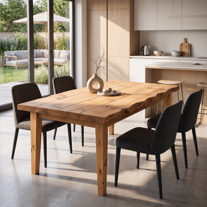 FERRO Light Oak Colour Waney / Live Edge Solid Wood Dining Table With Wooden Legs