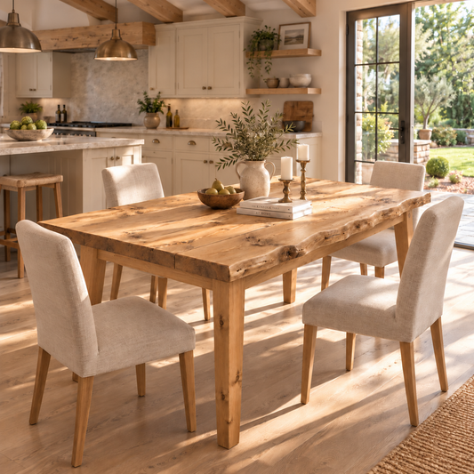 FERRO Light Oak Colour Waney / Live Edge Solid Wood Dining Table With Wooden Legs