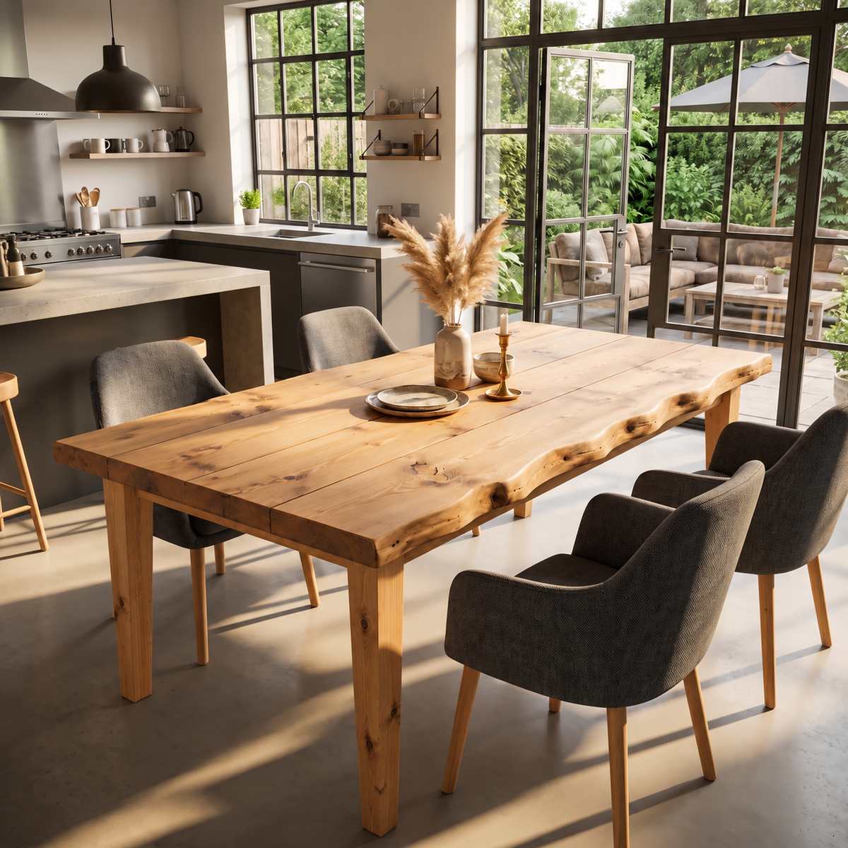 FERRO Light Oak Colour Waney / Live Edge Solid Wood Dining Table With Wooden Legs