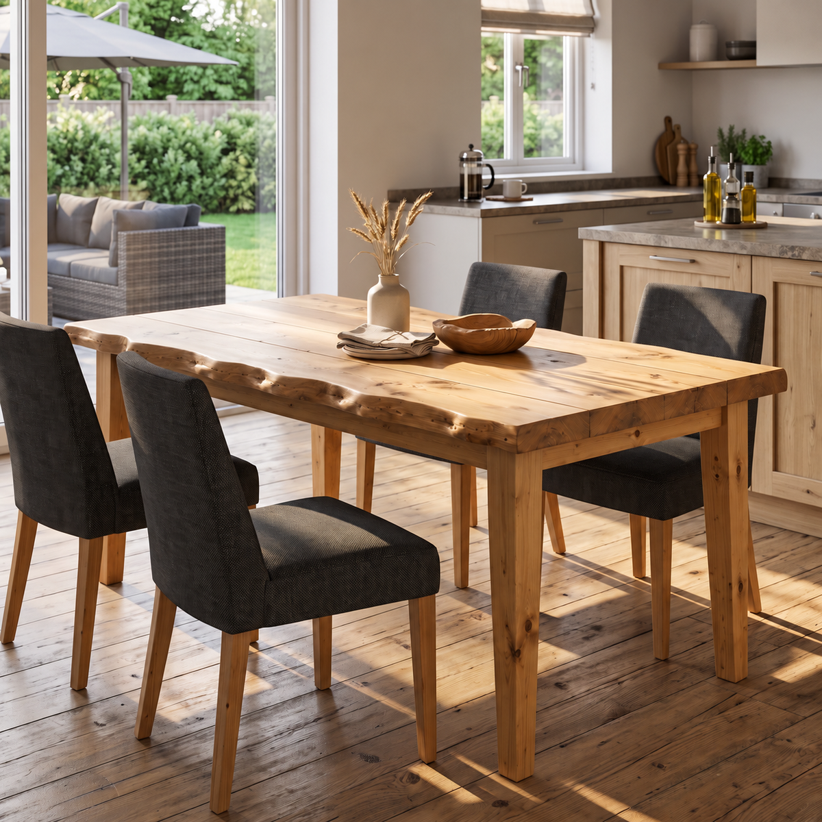 FERRO Light Oak Colour Waney / Live Edge Solid Wood Dining Table With Wooden Legs