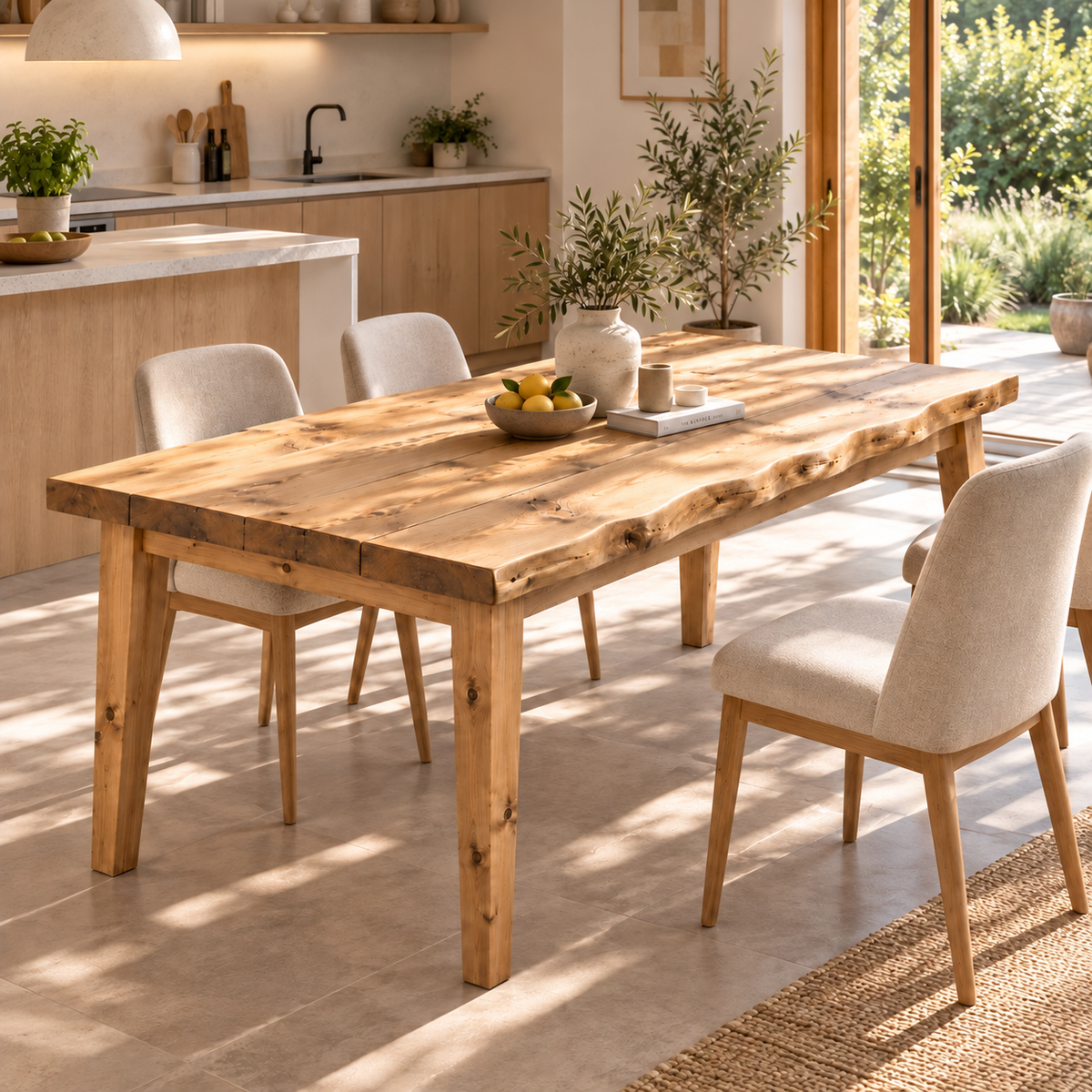 FERRO Light Oak Colour Waney / Live Edge Solid Wood Dining Table With Wooden Legs
