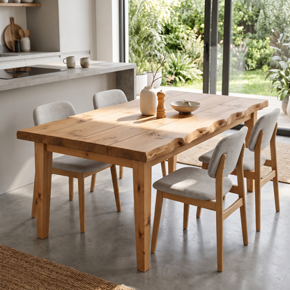 FERRO Light Oak Colour Waney / Live Edge Solid Wood Dining Table With Wooden Legs