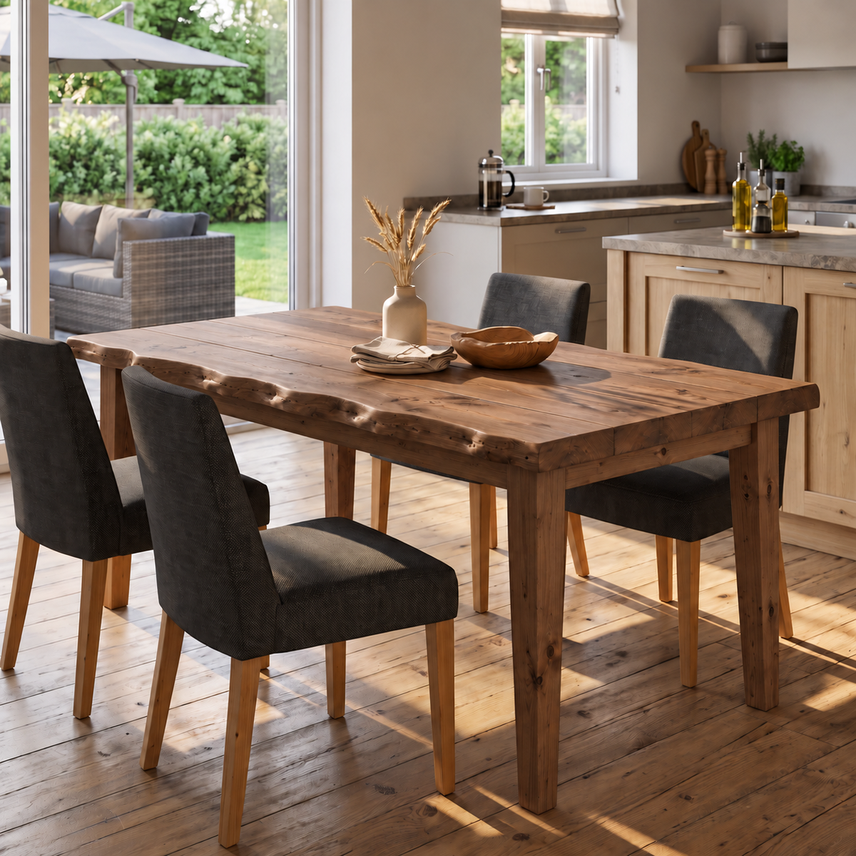 FERRO Walnut Colour Waney / Live Edge Solid Wood Dining Table With Wooden Legs