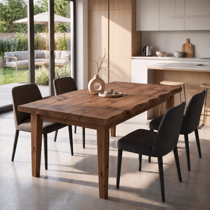 FERRO Walnut Colour Waney / Live Edge Solid Wood Dining Table With Wooden Legs