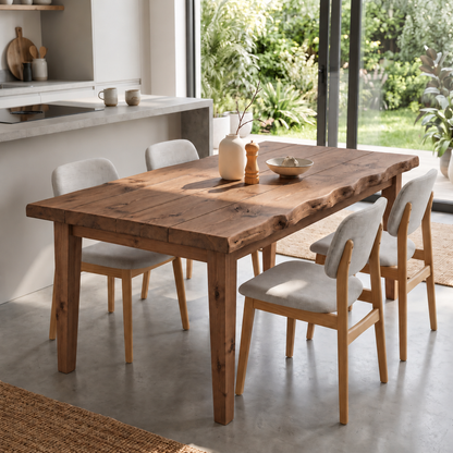 FERRO Walnut Colour Waney / Live Edge Solid Wood Dining Table With Wooden Legs