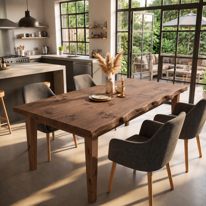 FERRO Walnut Colour Waney / Live Edge Solid Wood Dining Table With Wooden Legs