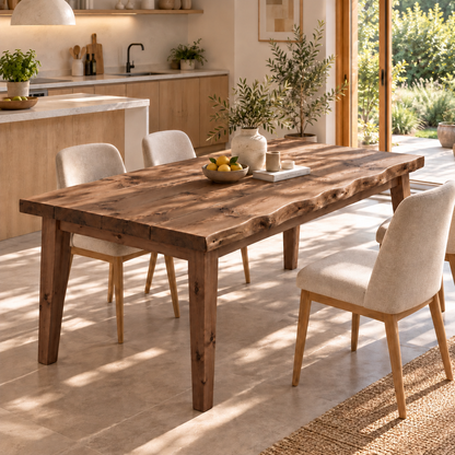 FERRO Walnut Colour Waney / Live Edge Solid Wood Dining Table With Wooden Legs