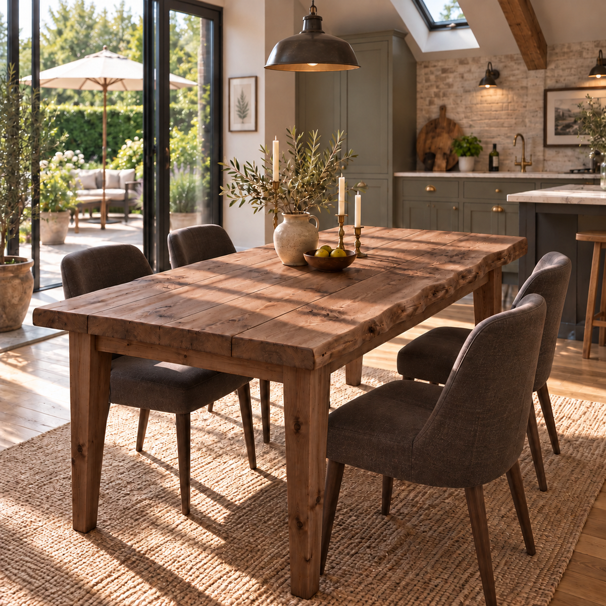FERRO Walnut Colour Waney / Live Edge Solid Wood Dining Table With Wooden Legs