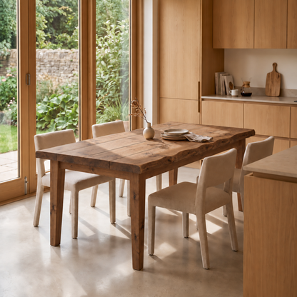 FERRO Walnut Colour Waney / Live Edge Solid Wood Dining Table With Wooden Legs