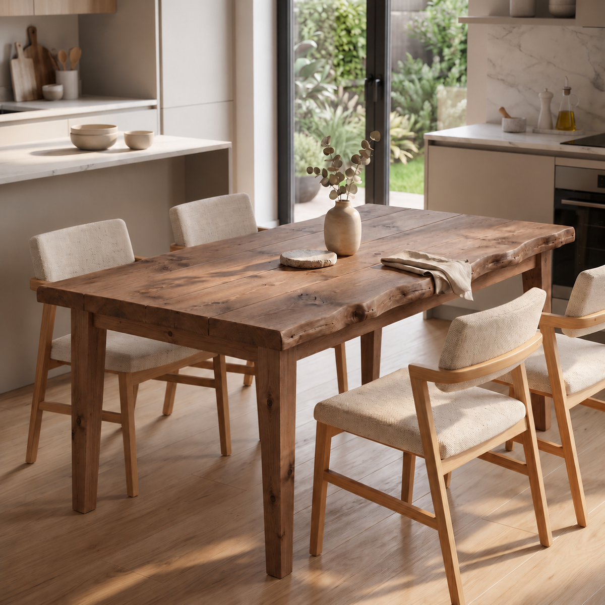 FERRO Walnut Colour Waney / Live Edge Solid Wood Dining Table With Wooden Legs