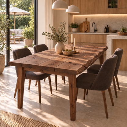 FERRO Walnut Colour Waney / Live Edge Solid Wood Dining Table With Wooden Legs