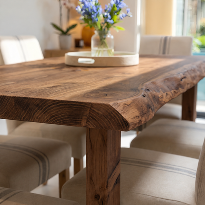 FERRO Walnut Colour Waney / Live Edge Solid Wood Dining Table With Wooden Legs
