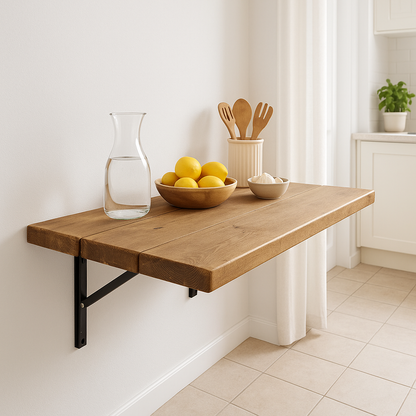 Foldable Wall-Mounted Solid Wood Table – Rustic Wood with Heavy-Duty Black Brackets – Space-Saving Desk for Kitchen, Office, or Small Spaces