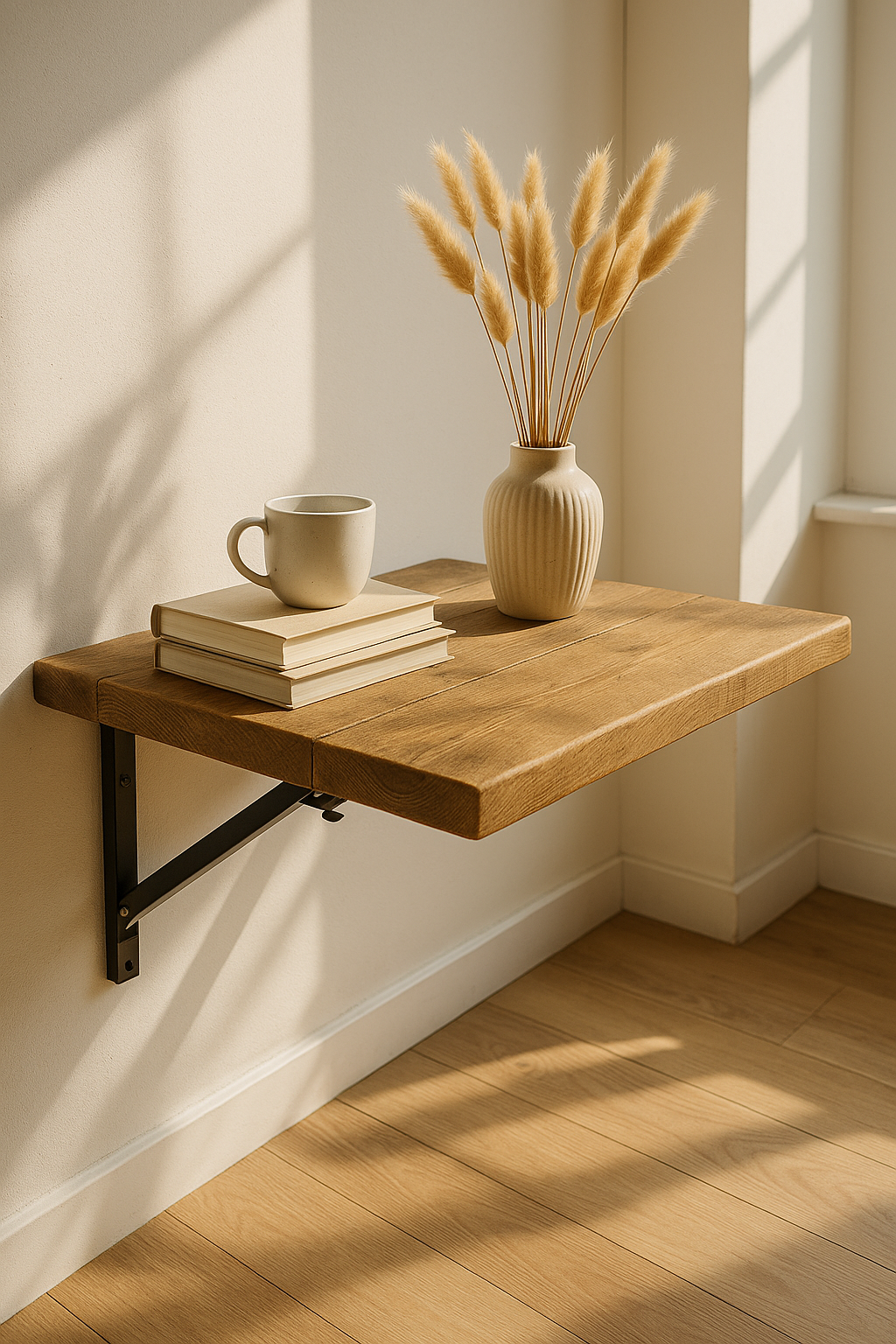 Foldable Wall-Mounted Solid Wood Table – Rustic Wood with Heavy-Duty Black Brackets – Space-Saving Desk for Kitchen, Office, or Small Spaces