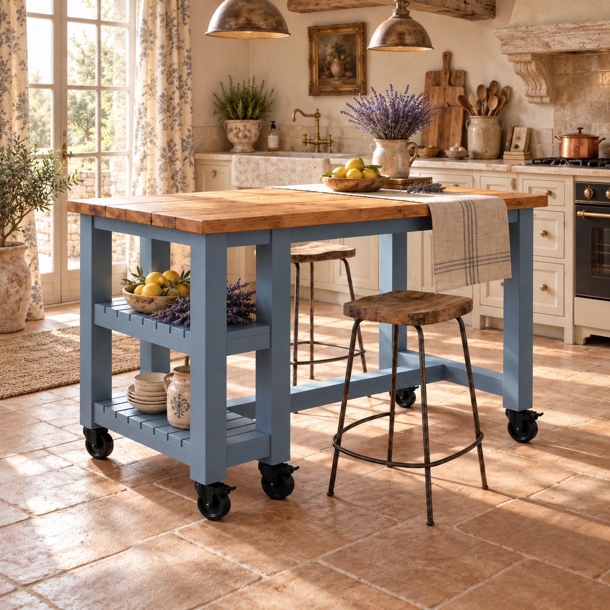NORVIK Blue Cart On Wheels Solid Wood Kitchen Island With Shelf / Breakfast Bar