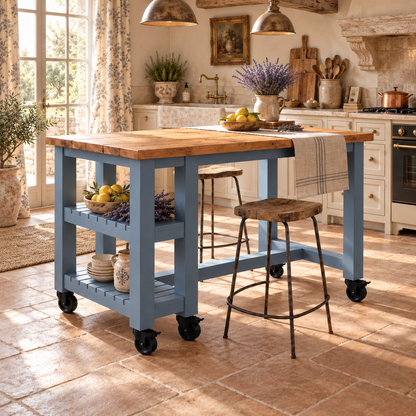 NORVIK Blue Cart On Wheels Solid Wood Kitchen Island With Shelf / Breakfast Bar