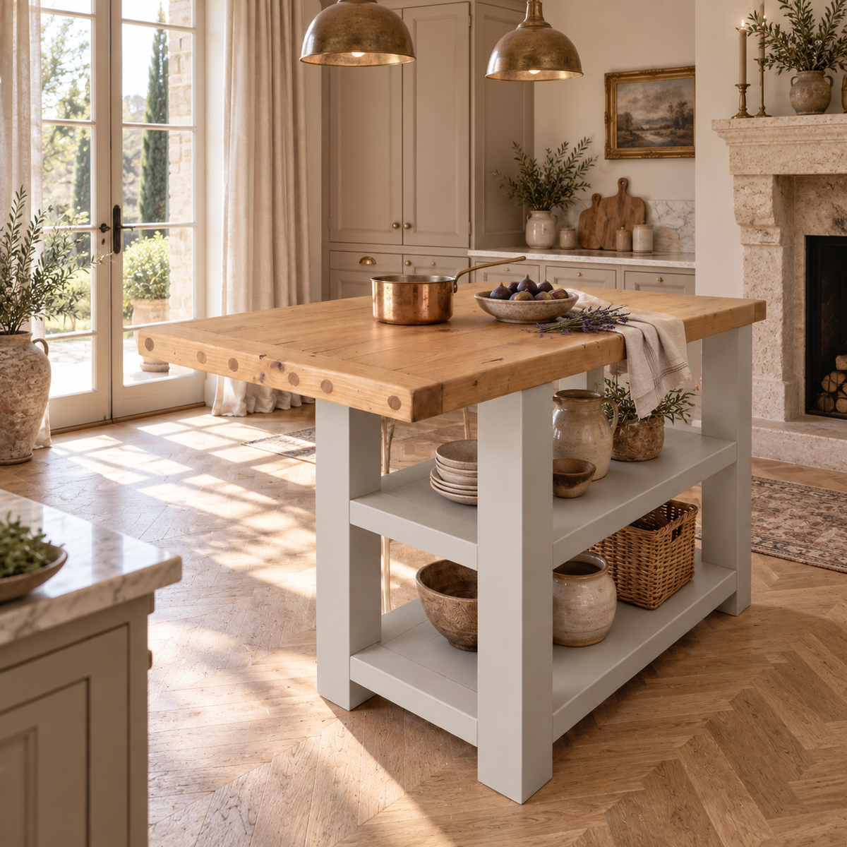 DUNSMERE Light Grey Kitchen Island With Overhang / Breakfast Bar / Rustic Island