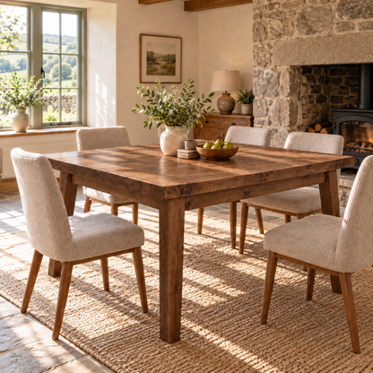 FREYA Walnut Colour Solid Wood Dining Table With Wooden Tapered Legs