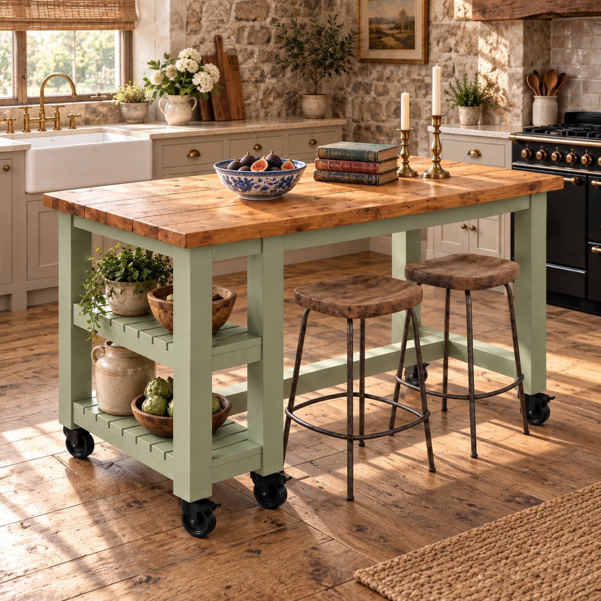 NORVIK Light Green Cart On Wheels Solid Wood Kitchen Island With Shelf / Breakfast Bar