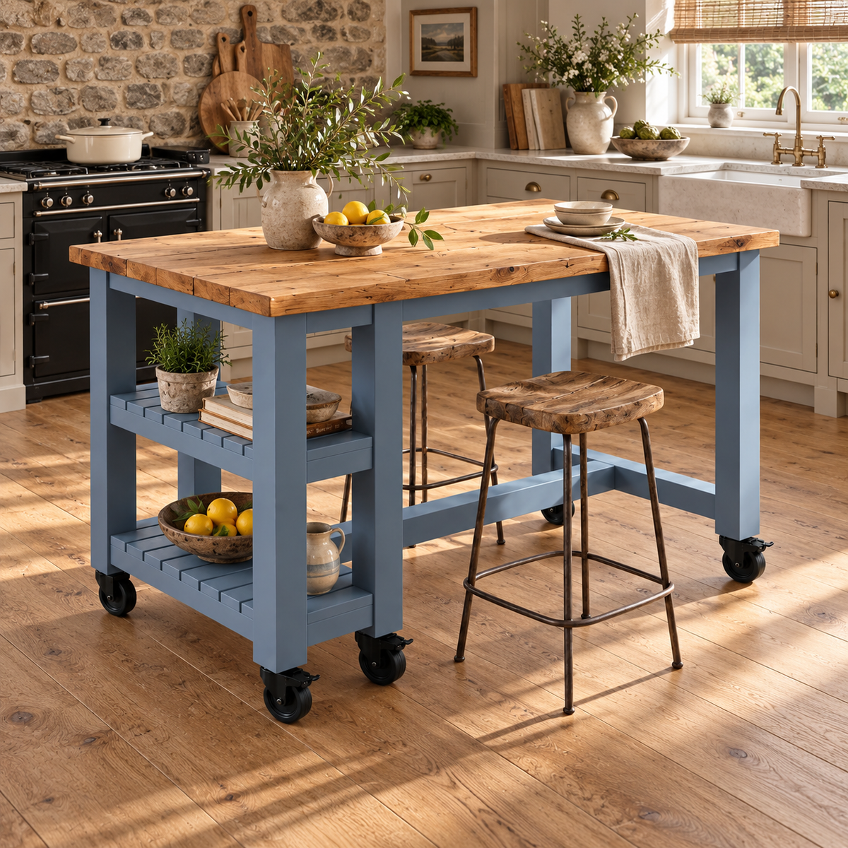 NORVIK Blue Cart On Wheels Solid Wood Kitchen Island With Shelf / Breakfast Bar
