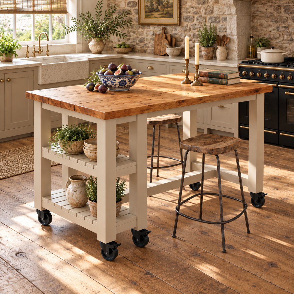 NORVIK Cashmere Cart On Wheels Solid Wood Kitchen Island With Shelf / Breakfast Bar