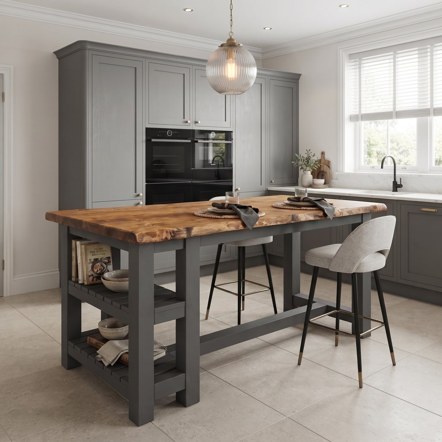 GRANTHAM Anthracite Grey Kitchen Island Solid Wood With Shelf / Breakfast Bar