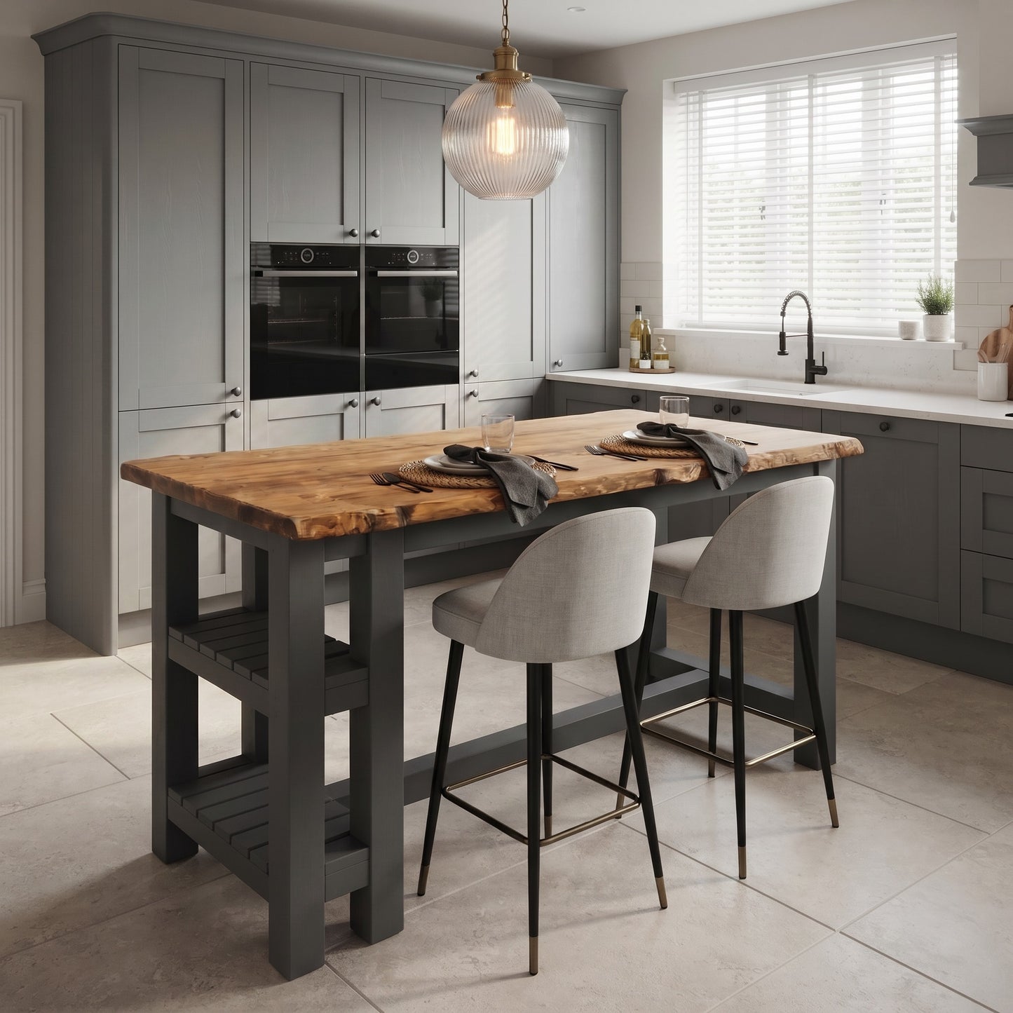 GRANTHAM Anthracite Grey Kitchen Island Solid Wood With Shelf / Breakfast Bar