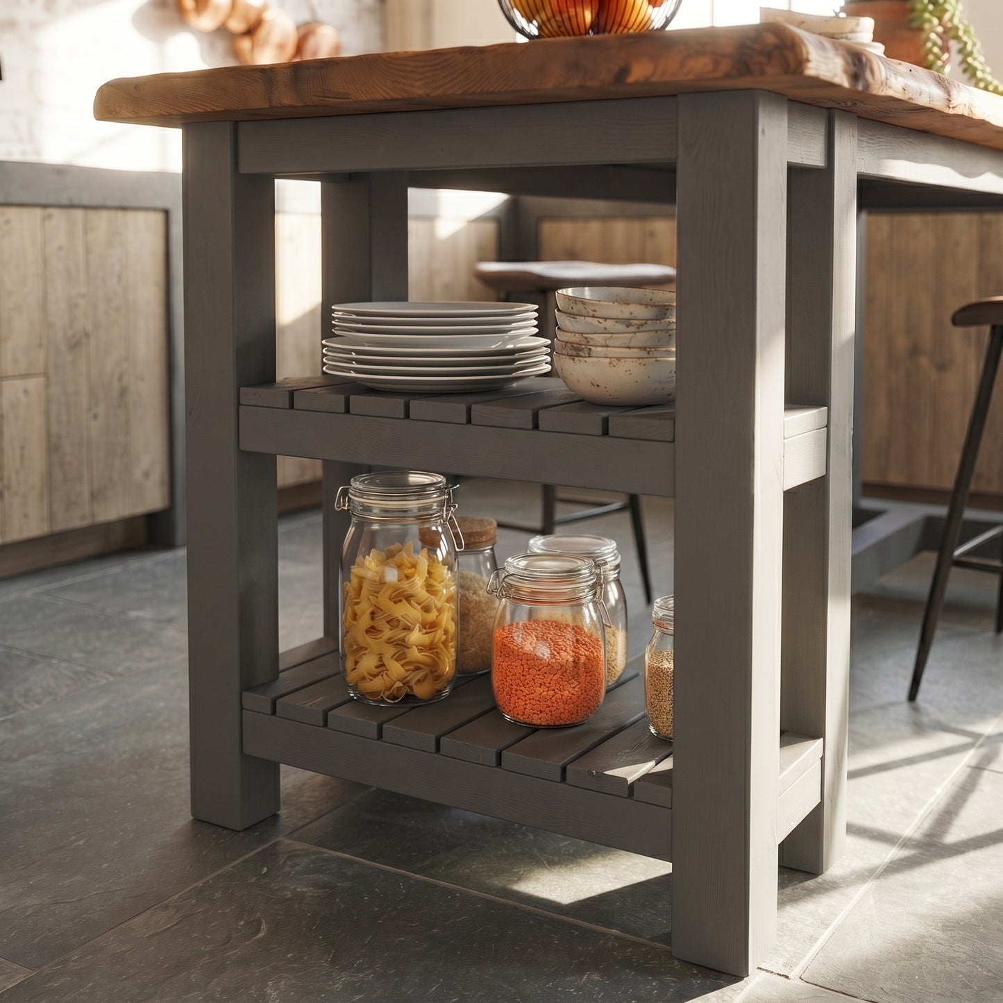 GRANTHAM Anthracite Grey Kitchen Island Solid Wood With Shelf / Breakfast Bar