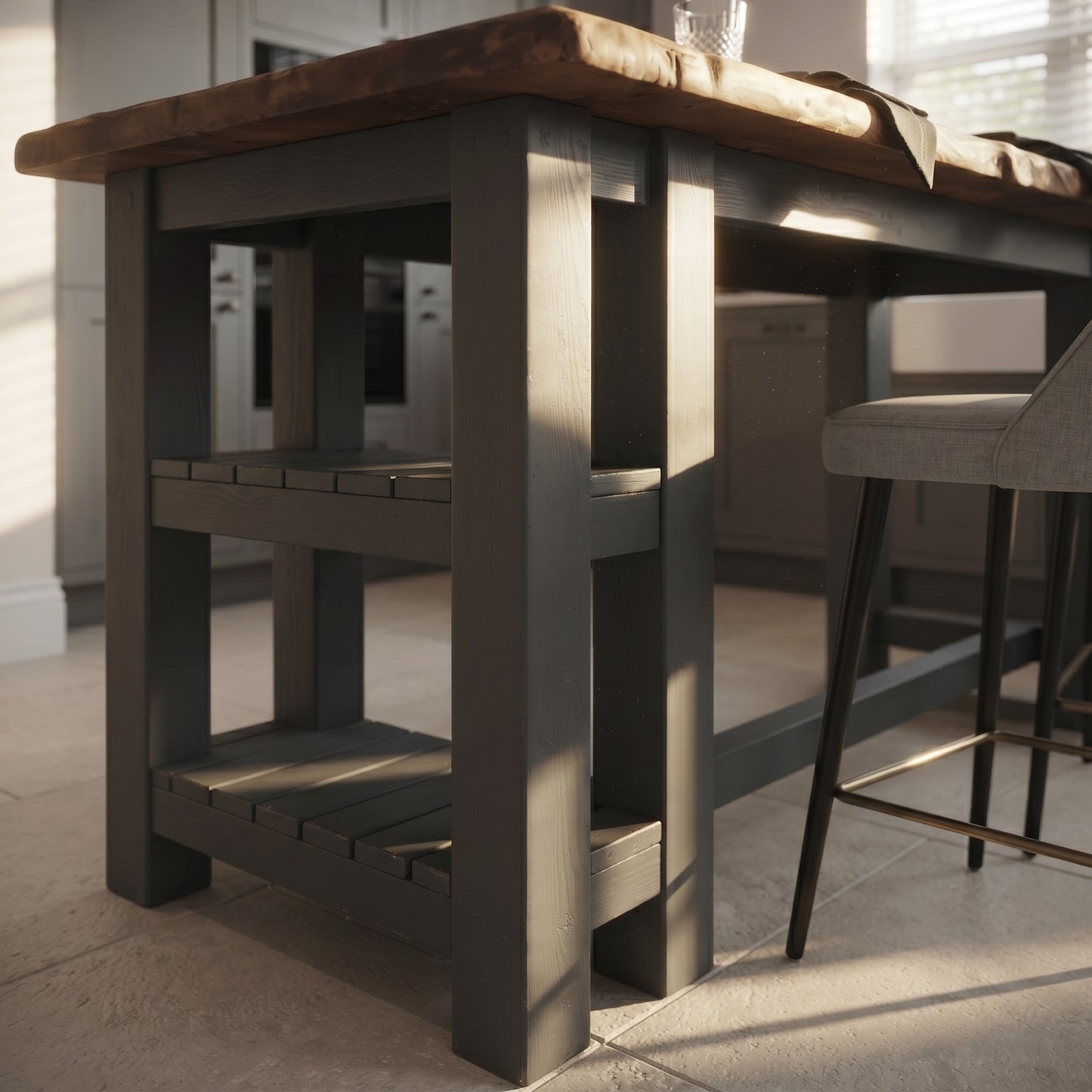 GRANTHAM Anthracite Grey Kitchen Island Solid Wood With Shelf / Breakfast Bar