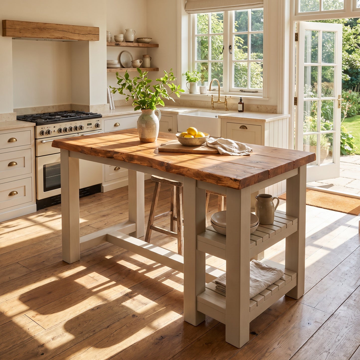 GRANTHAM Cashmere Kitchen Island Solid Wood With Shelf / Breakfast Bar