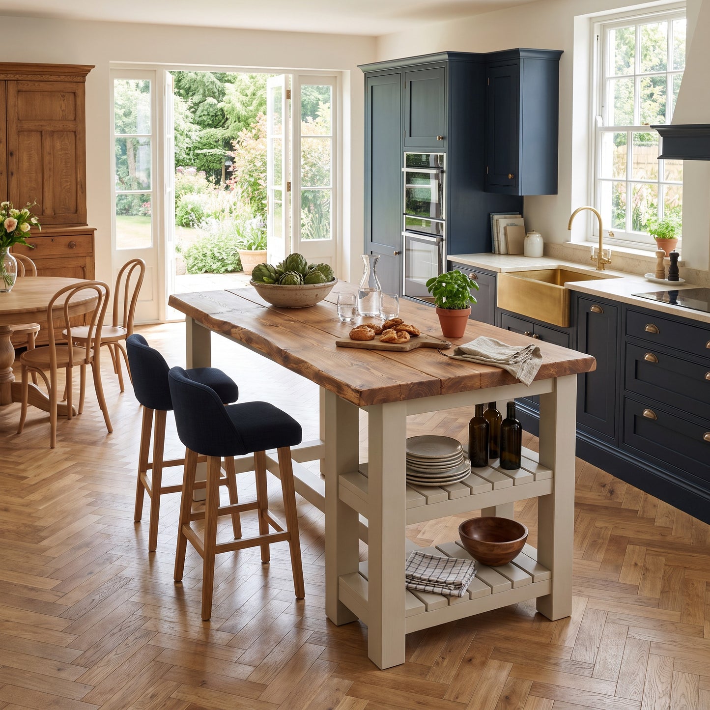 GRANTHAM Cashmere Kitchen Island Solid Wood With Shelf / Breakfast Bar