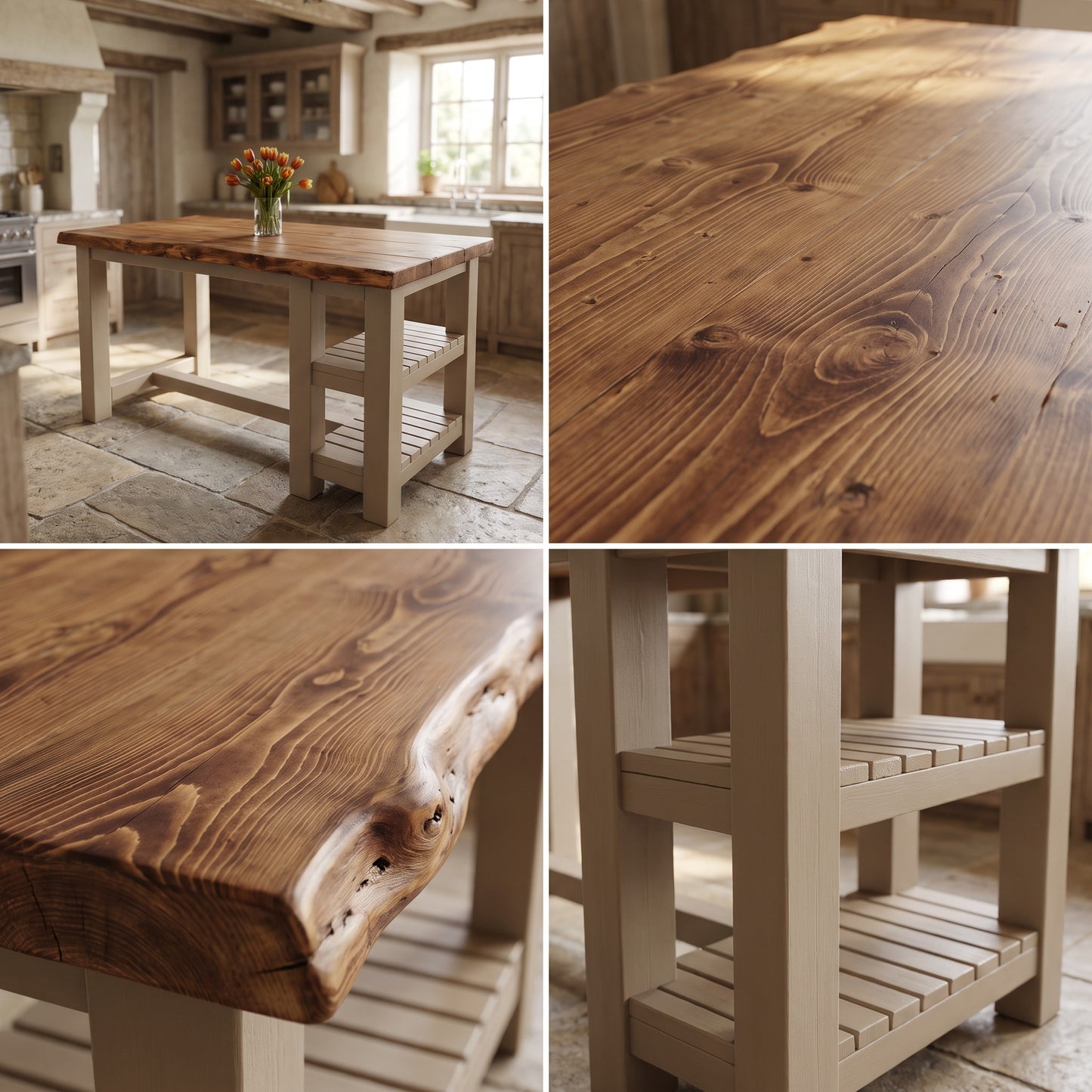 GRANTHAM Cashmere Kitchen Island Solid Wood With Shelf / Breakfast Bar