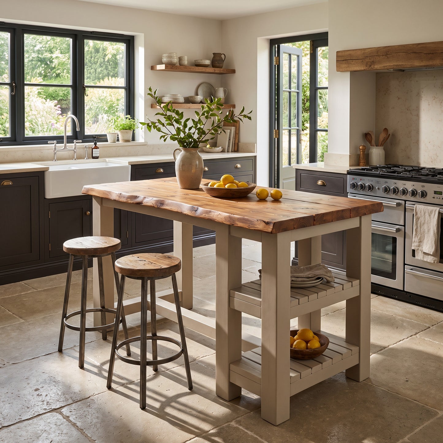 GRANTHAM Cashmere Kitchen Island Solid Wood With Shelf / Breakfast Bar
