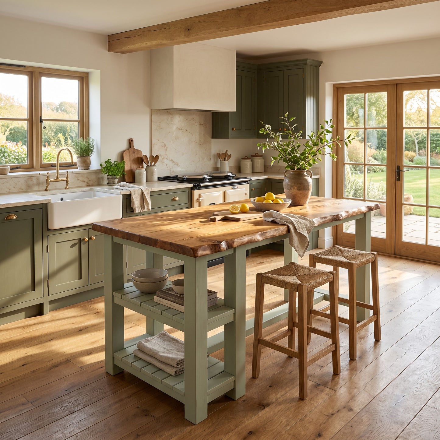 GRANTHAM Light Green Kitchen Island Solid Wood With Shelf / Breakfast Bar