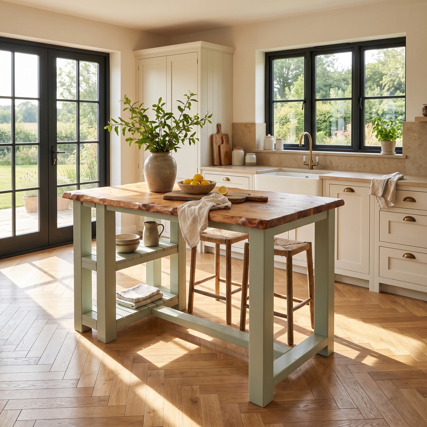 GRANTHAM Light Green Kitchen Island Solid Wood With Shelf / Breakfast Bar