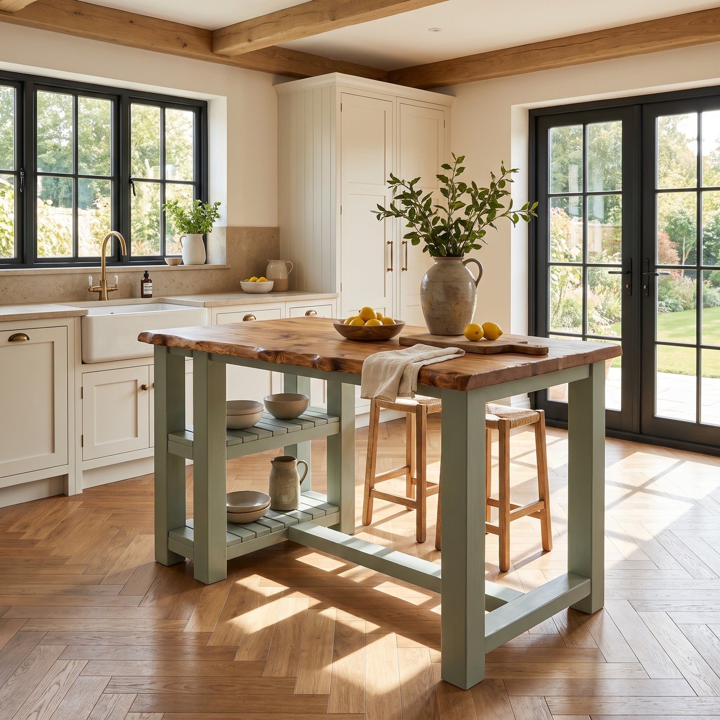 GRANTHAM Light Green Kitchen Island Solid Wood With Shelf / Breakfast Bar