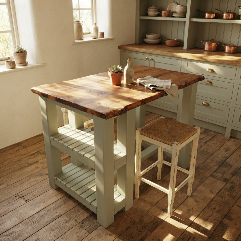 GRANTHAM Light Green Kitchen Island Solid Wood With Shelf / Breakfast Bar
