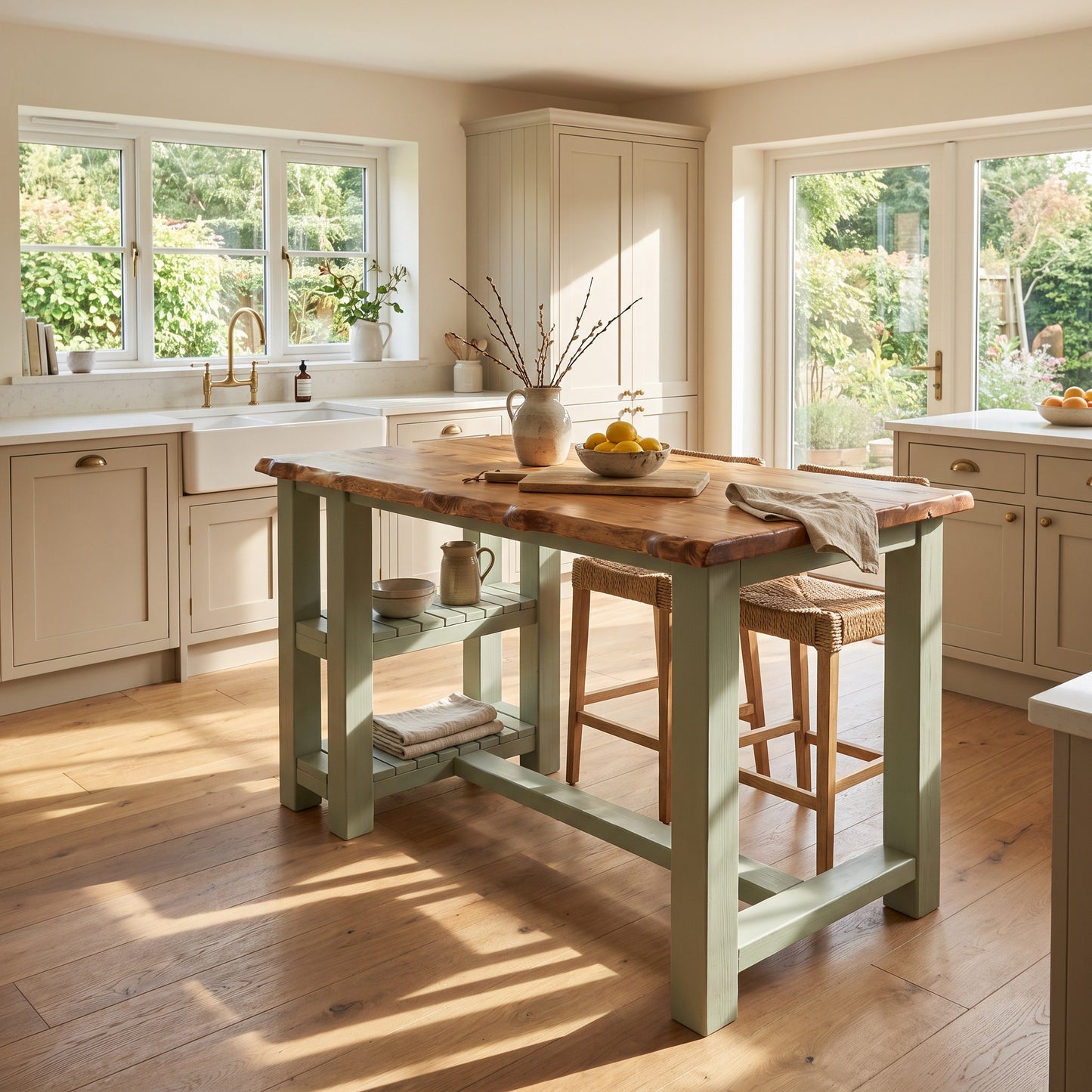 GRANTHAM Light Green Kitchen Island Solid Wood With Shelf / Breakfast Bar