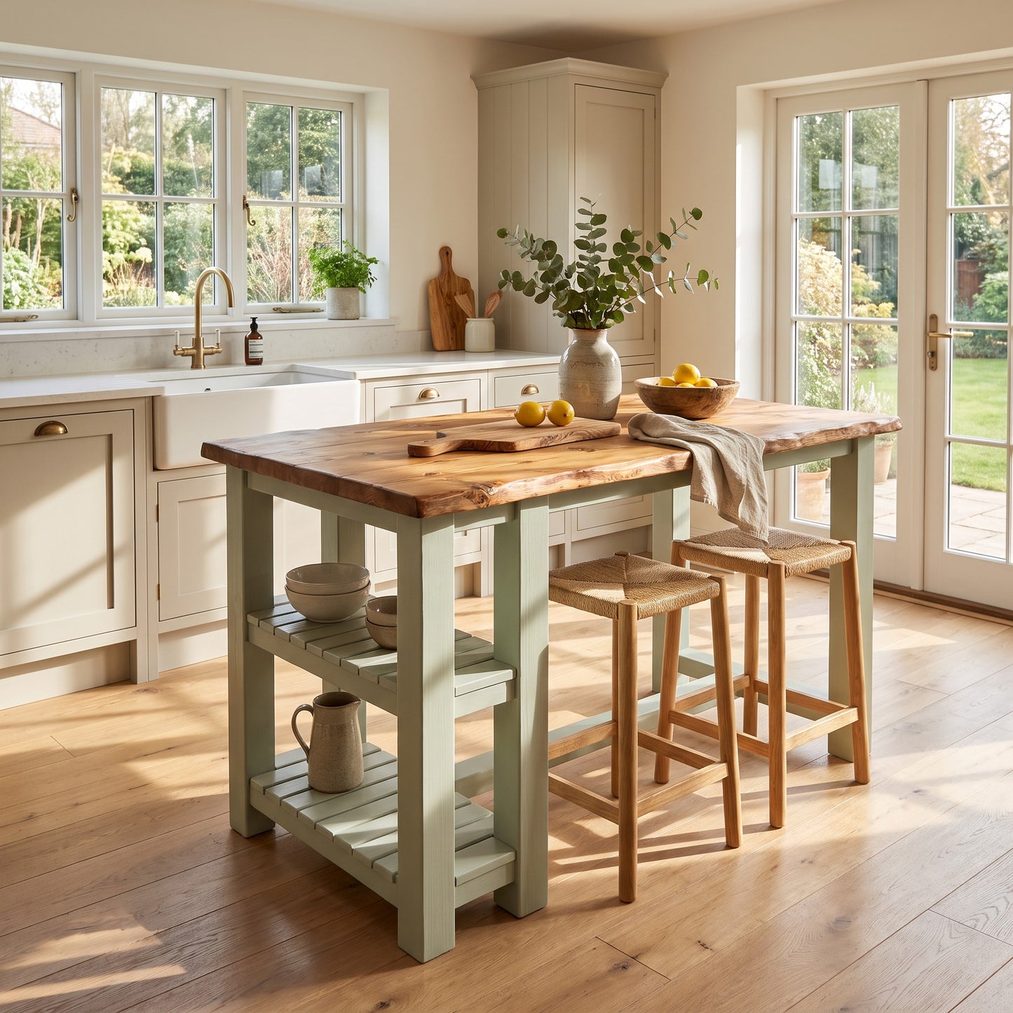 GRANTHAM Light Green Kitchen Island Solid Wood With Shelf / Breakfast Bar