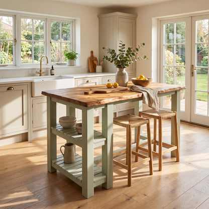 GRANTHAM Light Green Kitchen Island Solid Wood With Shelf / Breakfast Bar
