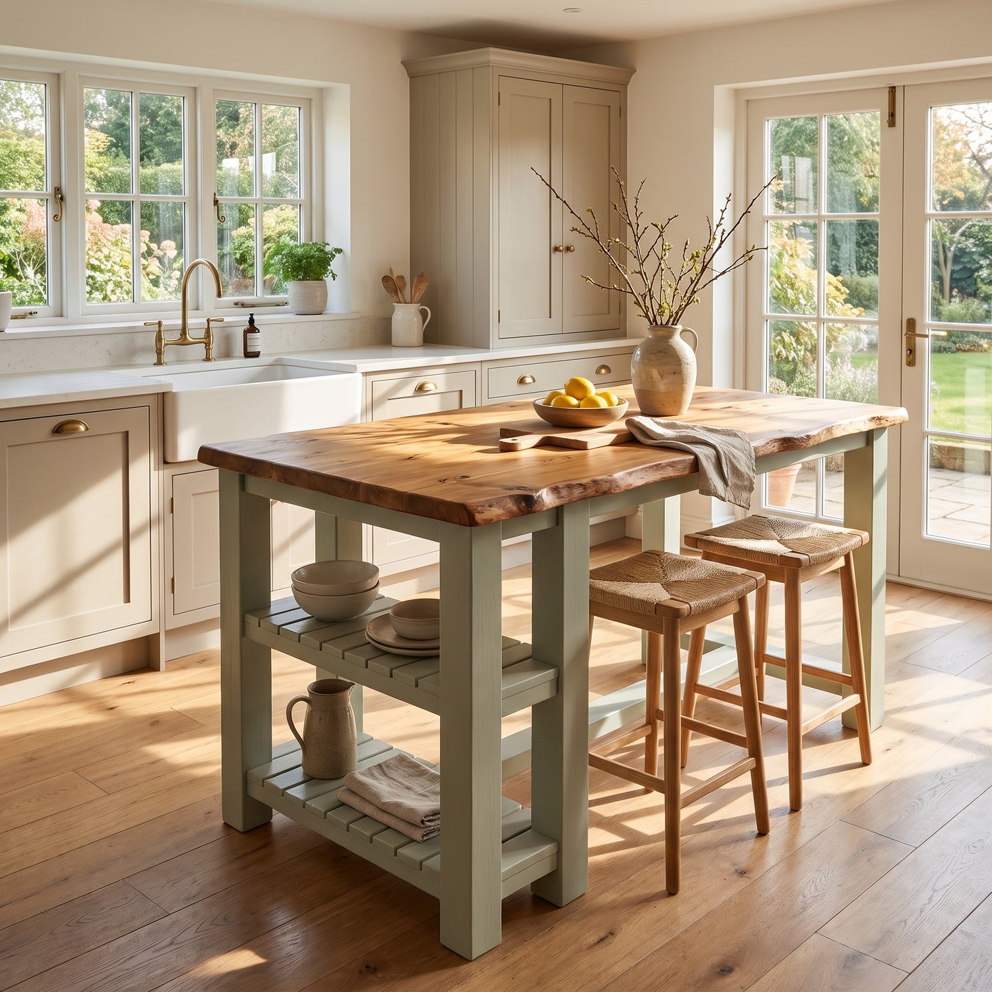 GRANTHAM Light Green Kitchen Island Solid Wood With Shelf / Breakfast Bar